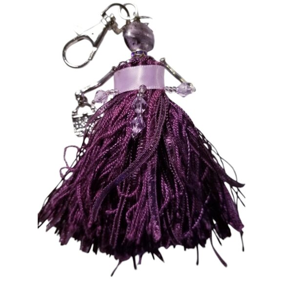 Charm Doll Purse Tassel Key Chain Necklace Pendant Purple Bead Purple Dress - Picture 1 of 1